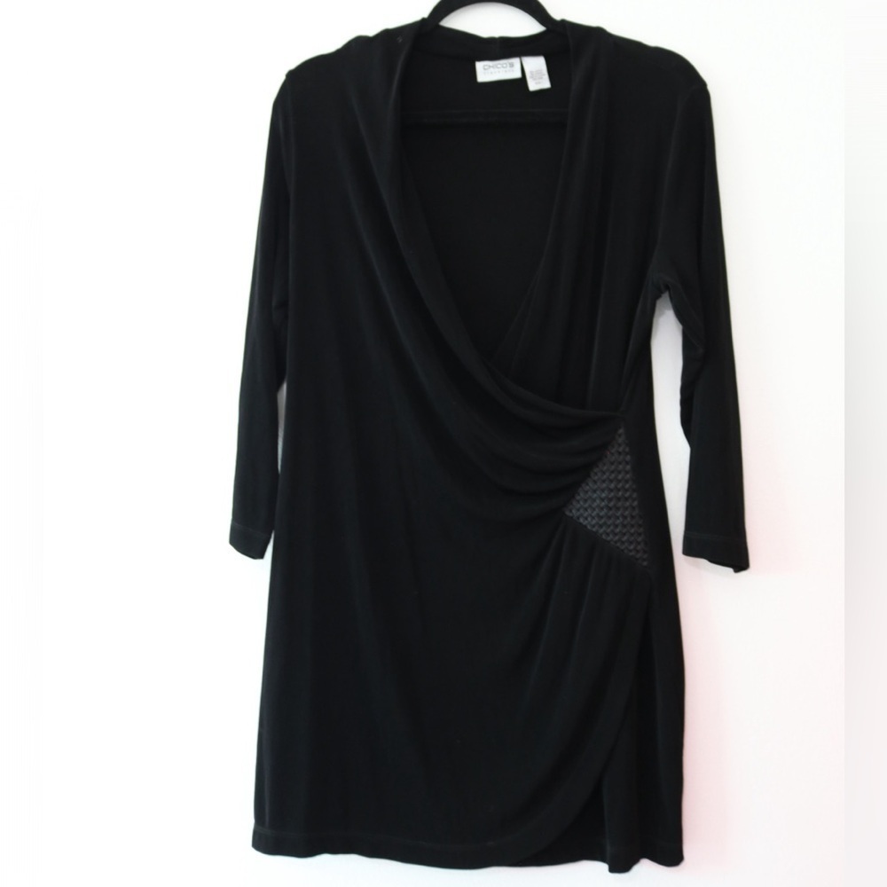 CHICO'S BLACK TRAVELERS TUNIC DRAPED FRONT FAUX WRAP Tunic SZ 1 Medium